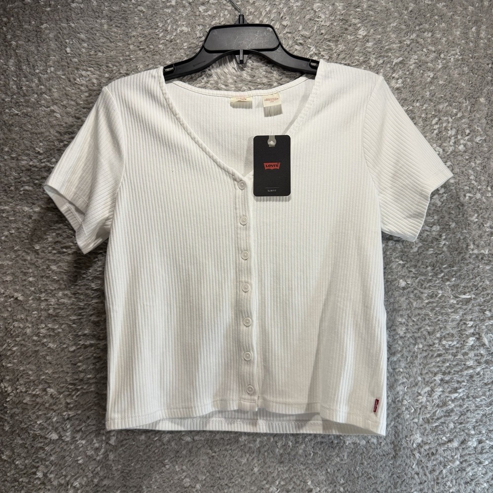 Levi's V Neck Button Henley Ribbed Top White Preppy Classic Large NWT